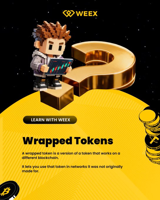 A WEEX educational graphic titled 'Wrapped Tokens' featuring a pixel-art character with a laptop, a golden question mark, and Bitcoin coins, explaining wrapped tokens work across different blockchains.