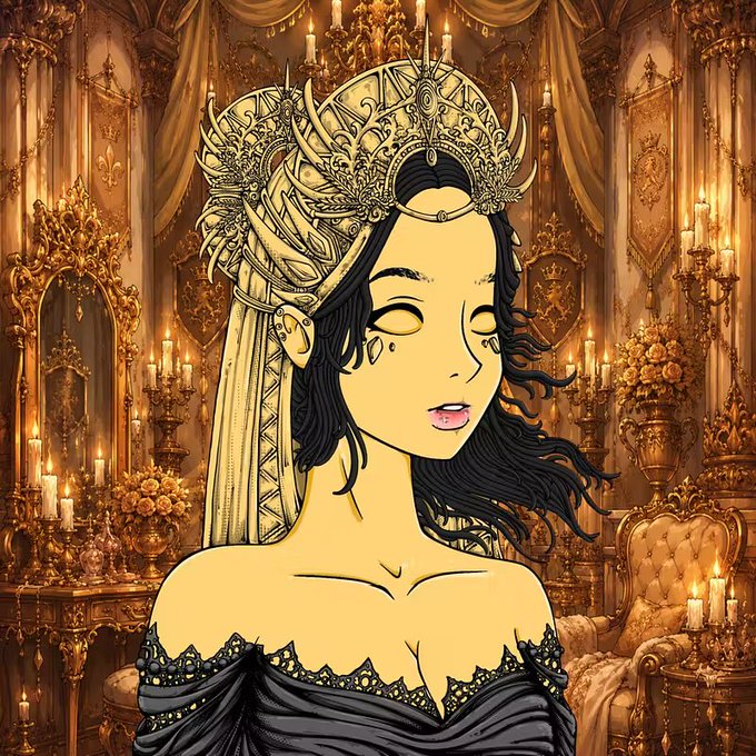 An anime-style illustration of a woman with a golden, ornate headpiece and a tear, wearing a black dress, set against a lavish baroque background with candles and floral arrangements.