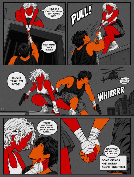 A comic book page featuring characters drawn in red and orange tones, depicting an action sequence where a white-haired woman helps a dark-haired man pull something up, followed by panels of them hiding from a helicopter.