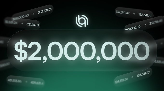 A financial graphic displays '$2,000,000' prominently in glowing white text against a dark background with floating transaction amounts.