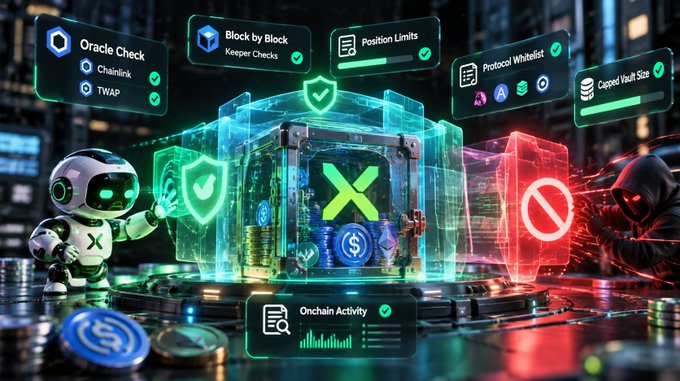 A futuristic scene depicts a small robot standing beside a glowing green secure vault and a red forbidden box, surrounded by floating tech interface labels like "Oracle Check," "Block by Block," and "Onchain Activity."