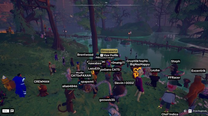A screenshot from the OthersideMeta game showing a gathering of players at a swamp-like location, with usernames including "Dinopawnz," "CATSxPAXAN," "LazyEth," "bigNazHappy," "Steph," "Leyba," "FFRacer," "Excentrik," "Chef Indica," and "geoweb35" visible above their colorful avatars. The scene matches the post's description of a "party crasher" moment, capturing the attendee "Dinopawnz" who was tagged in the tweet thanking them for the event.