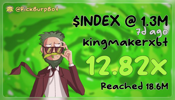A green-themed trading graphic from @RickBurpBot highlights kingmakerXbt entering at $INDEX @ 1.3M seven days ago, achieving a 12.82x gain and reaching 18.6M, celebrating early conviction on the token. The image visually celebrates the trader's strong early call, tying into the post's theme of holding conviction before a chain's "utility season" kicks in.