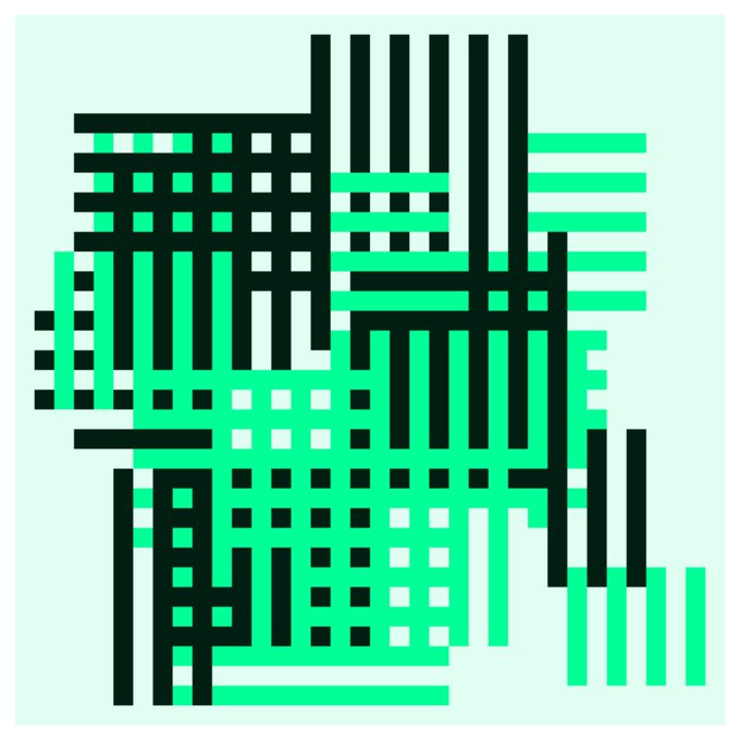 Abstract geometric artwork of interlocking dark green and bright green bars arranged in a grid-like pattern on a pale background.