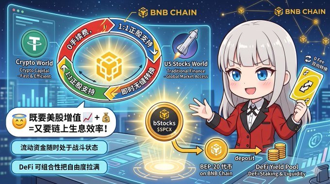 An anime-style character in a red suit showcases Binance's new "bStocks" feature, highlighting its 1:1 full-position support between Crypto World (Crypto Capital, Fast & Efficient) and US Stocks World (Traditional Finance, Global Market Access), with claims of zero fees and instant settlement, while promoting its BEP-20 SPPC token on BNB Chain with DeFi staking and liquidity yield pools for capital efficiency.