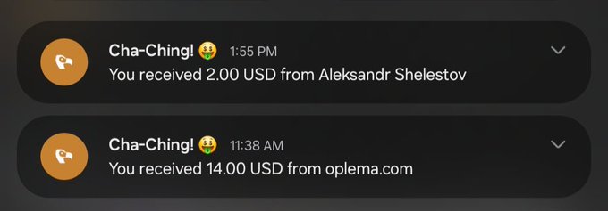 Screenshot of PayPal notifications showing two 'Cha-Ching!' alerts: 'You received 2.00 USD from Aleksandr Shelestov' at 1:55 PM and 'You received 14.00 USD from oplema.com' at 11:38 AM.