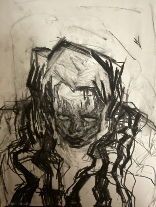 A raw, expressive charcoal sketch of a hooded figure with downcast eyes and skeletal hands framing the face, rendered in dark, jagged strokes that convey haunting introspection. The piece's turbulent, emotionally charged style aligns with the caption's description of an "intentional" new work for a SuperRare collection, emphasizing mood over portraiture.
