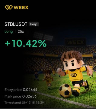 A WEEX trading interface showing a "STBLUSDT Perp" position with "Long 25x" leverage, displaying a gain of "+10.42%" with entry price 0.02644 and mark price 0.02656, featuring pixel art soccer players.
