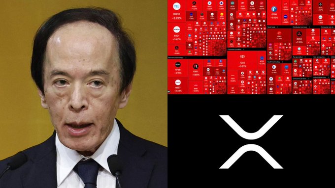 The image shows a man in a dark suit speaking at a podium alongside graphics of declining stock tickers marked with red percentages and the Ripple (XRP) logo, visually tying Japan's Nikkei crash to the potential adoption of XRP Ledger for on-chain stock settlement.