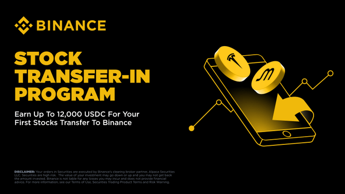 Binance's "Stock Transfer-In Program" ad features a black background with gold accents, displaying a smartphone graphic alongside stock-themed coins marked "f" and "m," promoting an offer to "Earn Up To 12,000 USDC For Your First Stocks Transfer To Binance." The image visually reinforces the post's message about consolidating stock holdings onto Binance for a USDC reward, with fine print noting the program ends 2026-09-30 and securities are high-risk.