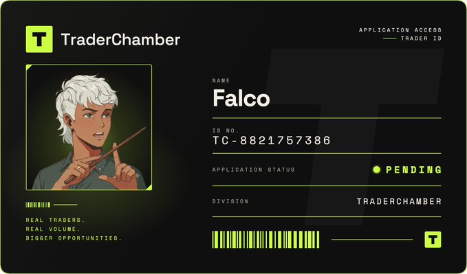 A 'TraderChamber' digital ID card for a user named 'Falco' with ID No. TC-8821757386, showing an anime-style character with white hair, with 'APPLICATION STATUS: PENDING' and the slogan 'REAL TRADERS. REAL VOLUME. BIGGER OPPORTUNITIES.'