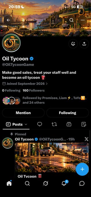 A Twitter/X profile for 'Oil Tycoon' (@OilTycoonGame) with the bio 'Make good sales, treat your staff well and become an oil tycoon.', featuring a pinned post with a sunset gas station image.