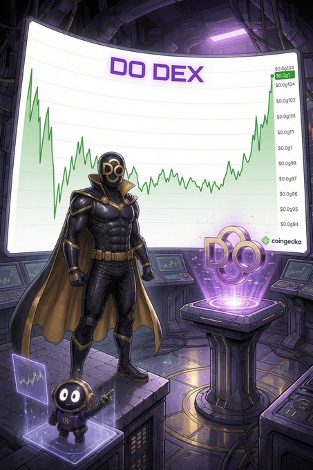 Digital artwork titled "DO DEX" showing a masked superhero figure standing before a large cryptocurrency price chart, with a small cartoon character beside them.