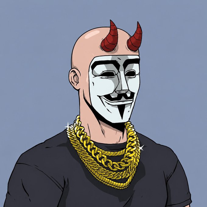A cartoon-style illustration of a bald figure wearing a white Anonymous/Guy Fawkes mask with red devil horns, sporting multiple thick gold chains around his neck against a gray background.