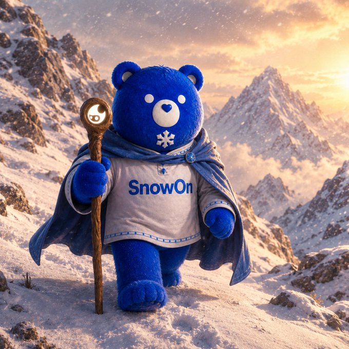 A furry blue bear mascot labeled "SnowOn" treks through a snowy mountain landscape while carrying a wooden staff. The image embodies perseverance and resilience, echoing the motivational message "Never stop building!" by symbolizing steady progress and determination through challenging terrain.