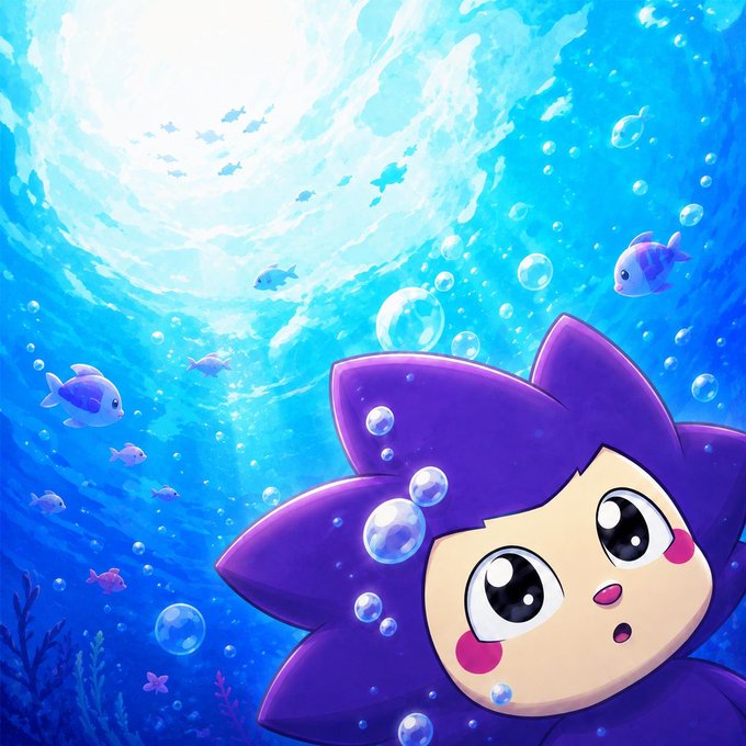A digital illustration of a cute purple character with large eyes underwater, surrounded by bubbles, fish, and rays of sunlight.
