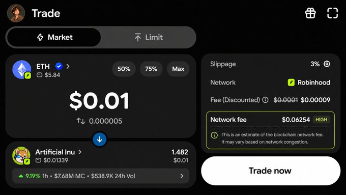 A Robinhood-style crypto trading app interface shows an ETH to Artificial Inu swap, displaying a trade value of $0.01, slippage set to 3%, and a HIGH network fee of $0.06254.