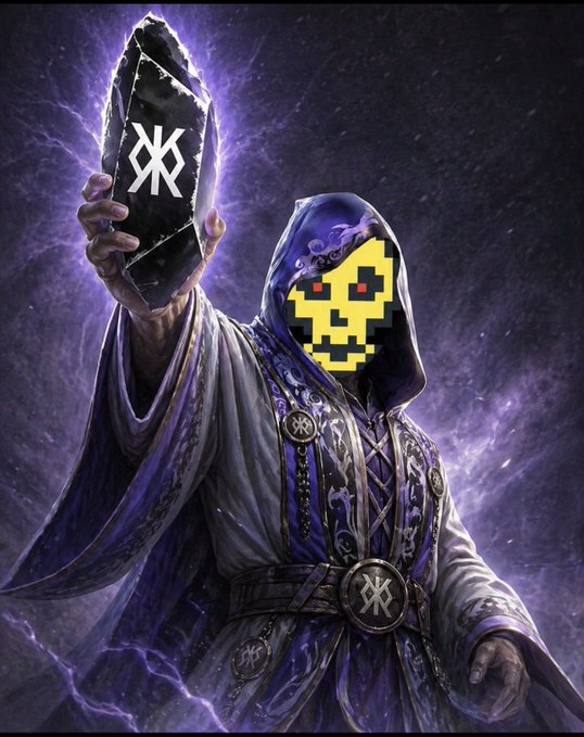 A digital artwork depicts a hooded, robed wizard figure in purple and grey, holding up a dark crystal engraved with a runic symbol while a pixelated yellow smiley face with red eyes replaces the figure's face.