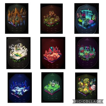 A collage of nine isometric fantasy video game scenes or dioramas showcasing various colorful environments like castles, forests, and magical landscapes on a dark background.