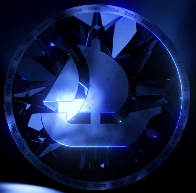 A glowing blue circular emblem featuring a prominent "$4" symbol with "SEGA" text repeated along the border, humorously playing on the "$SEA" ticker from the post by swapping it for "SEGA" with a "$" sign.