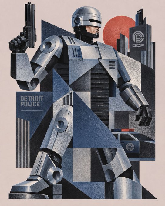 An illustration of RoboCop in his silver armor holding a gun, with 'DETROIT POLICE' and 'OCP' text and a red sun in the background.