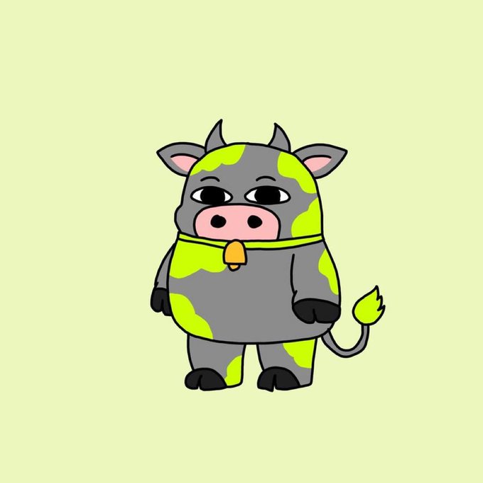 A cartoon cow character featuring a bell around its neck and green patches on gray fur, matching the @cowofrobinhood meme coin ($MOO) mentioned in the post, which hints at an upcoming Robinhood listing.