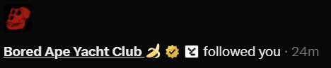 A social media notification screen showing 'Bored Ape Yacht Club' followed the user, accompanied by a red ape skull icon.