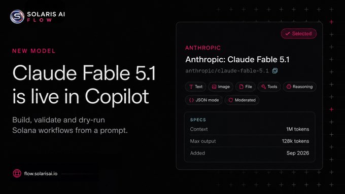Promotional graphic announcing "Claude Fable 5.1 is live in Copilot," highlighting its availability through Solaris AI Flow (flow.solarisai.io) for building Solana workflows, with model specs showing a 1M token context and 128k max output.