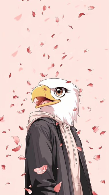 An anime-style illustration of a character with an eagle head wearing a black jacket, standing among falling pink petals.
