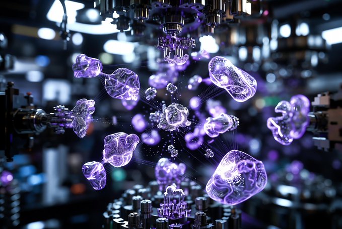 The image shows a group of purple bubbles floating around, possibly representing particles or elements within a simulation. These bubbles are surrounded by various machines and equipment, suggesting that they might be part of a materials simulation flow shop or a molecular discovery project. The image also contains text that reads "Materials simulation flow shop scheduling and molecular discovery are just some areas where @quipnetwork is unlocking real quantum power for industry and biotech". This implies that the network is being used to optimize complex stochastic modeling designs, which can help in the development of new materials or understanding molecular structures. The image also contains a reference to "focus on what is in the image and how it relates to the post", indicating that the viewer should pay attention to the details within the image and consider its context when interpreting the content.