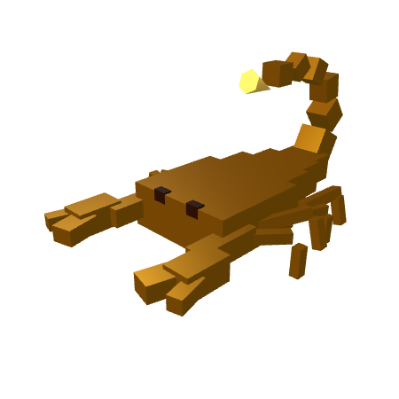A 3D voxel-style illustration of a brown scorpion with a glowing yellow stinger on a white background.