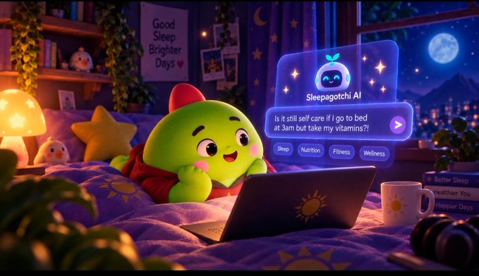 An illustrated AI-generated image of a cute green character in bed using 'Sleepagotchi AI', which offers advice like 'Is it still self care if I go to bed at 3am but take my vitamins?'