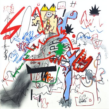 The image features a painting with a white background, filled with various drawings of people and objects. The artist has used different colors for each drawing, creating an abstract and colorful scene. The text "tezos link" can be seen at the bottom right corner of the image.