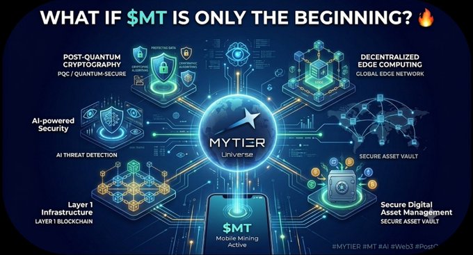 An infographic titled 'WHAT IF $MT IS ONLY THE BEGINNING?' depicting the Mytier Universe ecosystem with features like post-quantum cryptography, AI-powered security, decentralized edge computing, and mobile mining.