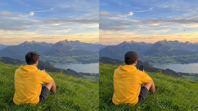 A person wearing a yellow hoodie and black cap sits on a grassy hill, taking in a panoramic view of mountains and a lake at sunset—but a side-by-side comparison reveals five subtle differences for the viewer to find. The post invites engagement by challenging viewers to "spot all 5 differences if you can" between the two nearly identical scenes.
