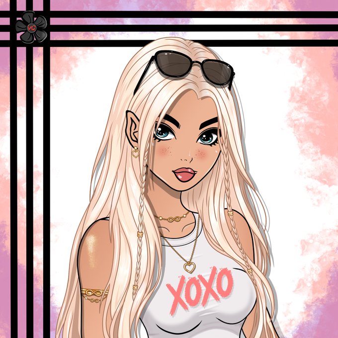 A digital anime-style portrait of a blonde woman with sunglasses on her head, wearing a white crop top with 'XOXO' written in red, set against a pink floral background.