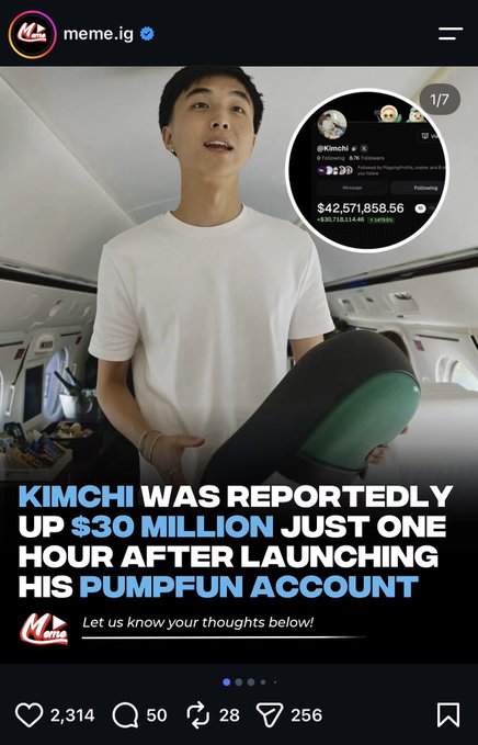 A screenshot of meme.ig shows a man in a private jet beside a profile labeled “@Kimchi,” whose Pump.fun balance displays “$42,571,858.56.” The post caption says, “KIMCHI WAS REPORTEDLY UP $30 MILLION JUST ONE HOUR AFTER LAUNCHING HIS PUMP.FUN ACCOUNT,” while the accompanying post says Kimchi and Pump.fun are “getting roasted” and are ignored outside the crypto/CT bubble.