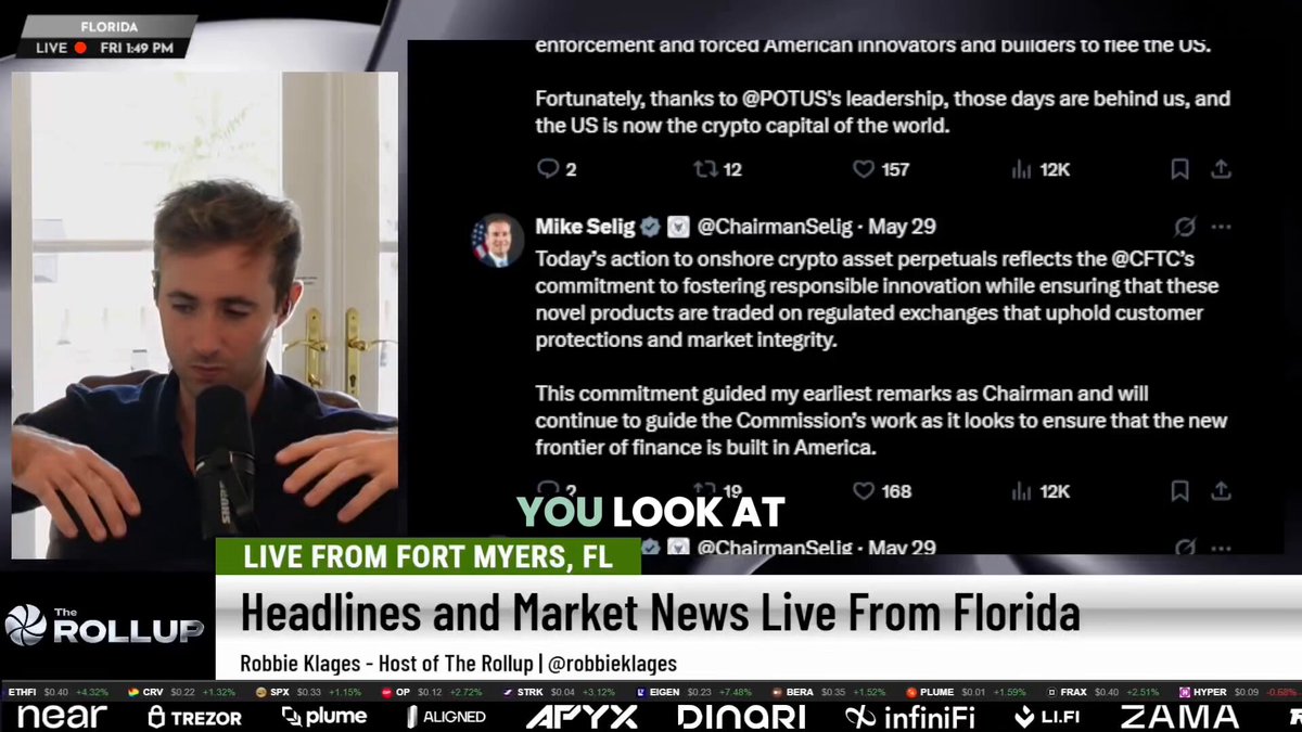 The image shows a news broadcast with a man sitting at a desk holding a microphone while talking into it. The news anchor is reporting that the CFTC has taken historic action by allowing a true Bitcoin perpetual contract. This means that Bitcoin will continue to exist as a digital currency without needing constant intervention from the CFTC, which was previously required for all exchanges operating in the U.S.