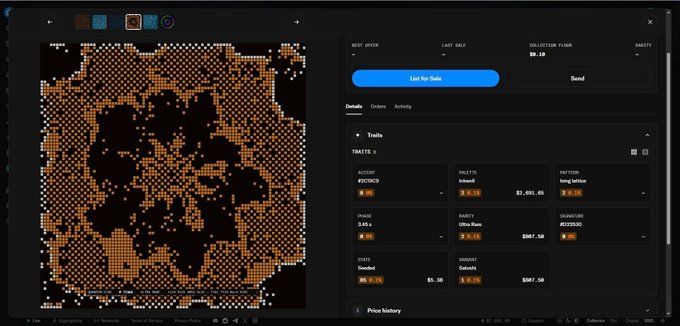 An NFT marketplace listing for a pixelated orange artwork titled 'Traits' on the SQD (Subsquid) collection, listed at 5K SQD (~$7,691.65) with various traits shown including Palette, Phrase, Rarity, and Kingdom.