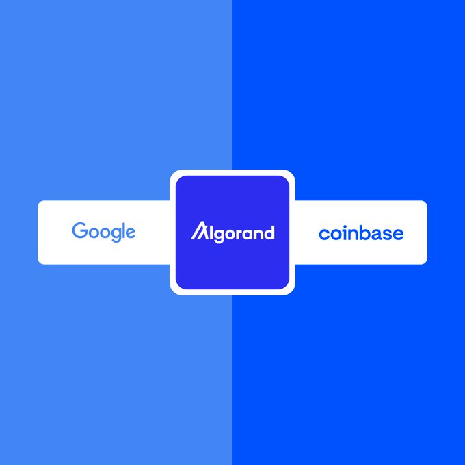 A blue graphic showing the Algorand logo in the center with white connector bars linking the Google logo on the left and the Coinbase logo on the right.