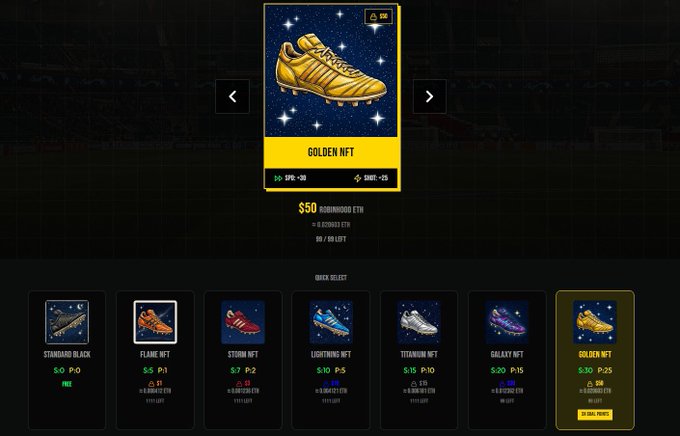 The image displays a Kickhood ETH NFT marketplace interface featuring various collectible soccer cleats, with the "GOLDEN NFT" priced at $50 currently selected, showing stats like SPD +30 and DRT +25. This relates to the accompanying announcement about limited-edition NFTs launching tomorrow that can be used in-game to earn extra points, with the link kickhood.fun directing users to join.