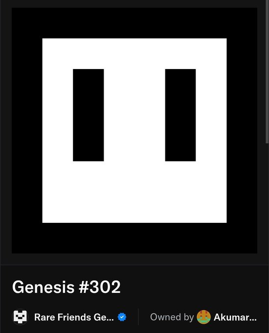 A digital artwork or NFT displayed on a dark background featuring a white square with two black vertical rectangles resembling a pause button. The text below reads 'Genesis #302,' with collection name 'Rare Friends Ge...' verified and 'Owned by Akumar...'.