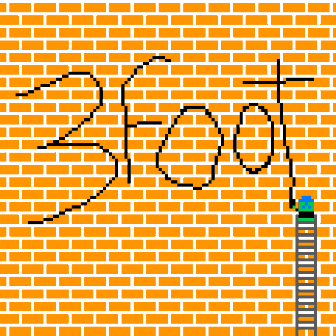 Pixel art of the word 'shot' written in black outline on an orange brick wall, with a small ladder visible on the right side.