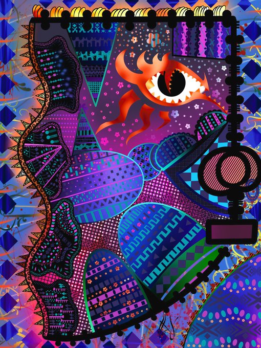A vibrant, psychedelic digital artwork featuring a stylized face with one large eye surrounded by flames. The piece is filled with intricate geometric patterns, neon colors, and decorative elements in a style reminiscent of Huichol beadwork.
