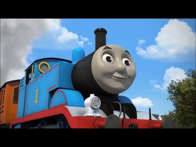 A CGI rendering of Thomas the Tank Engine, the blue number 1 locomotive with a face, shown outdoors under a partly cloudy sky.