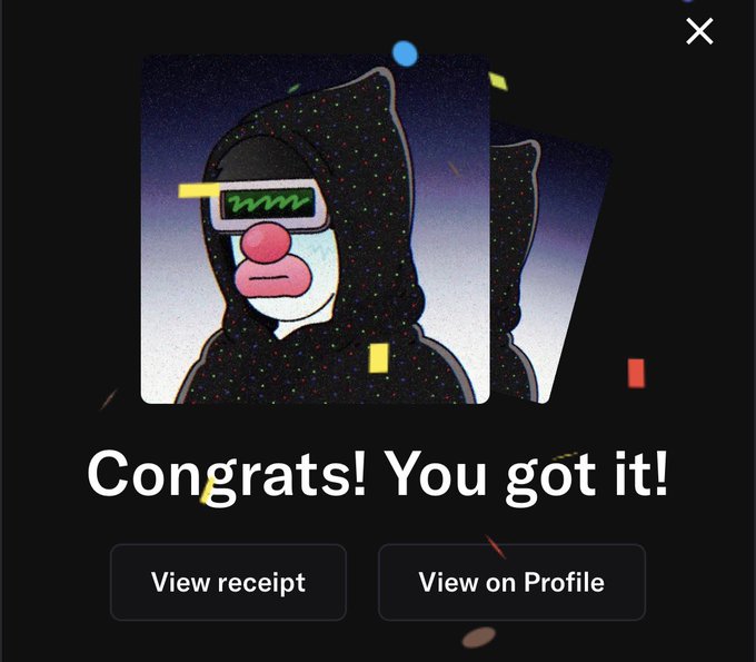 A dark-themed digital pop-up displays a glitchy, pixelated ape avatar (reminiscent of Bored Ape Yacht Club art) with text reading "Congrats! You got it!" alongside buttons labeled "View receipt" and "View on Profile." The post's caption "BAYC of RH" appears to be a triumphant reaction to successfully acquiring or "winning" a Rare Hash or related NFT drop.