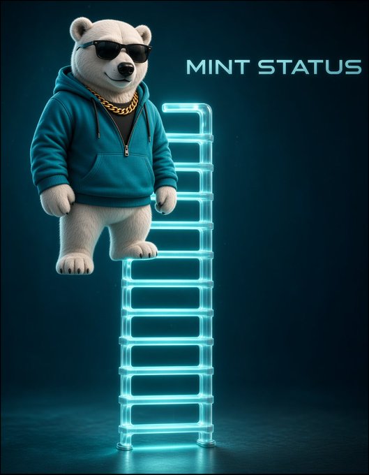 A cartoon white bear wearing sunglasses, a blue hoodie, and gold chains climbs a glowing neon ladder with the text 'MINT STATUS' displayed.
