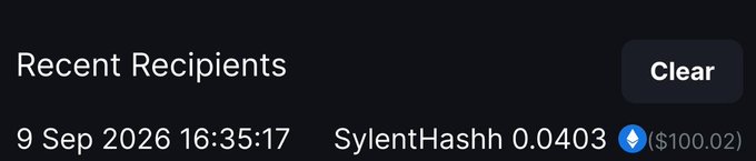 A "Recent Recipients" interface displays a transaction entry from 9 Sep 2026 at 16:35:17 showing that user SylentHashh received 0.0403 ETH ($100.02), confirming the $100 crypto tip mentioned in the post.