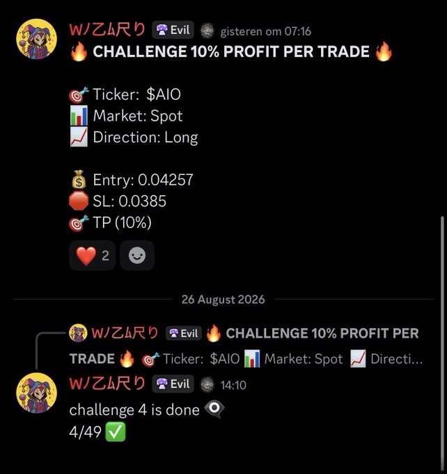 A Discord post by user "WARRI" displays a completed trade challenge for $AIO on the Spot market with a long entry at 0.04257, stop loss at 0.0385, and 10% take profit, celebrating "challenge 4 is done" with a 100% winrate at 4/49 trades remaining toward the $50,000 goal.