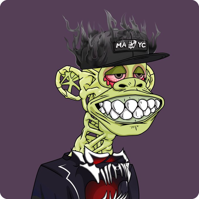 An illustration of a green skeletal monkey character with exposed teeth wearing a black 'MAYC' cap, set against a dark purple background.
